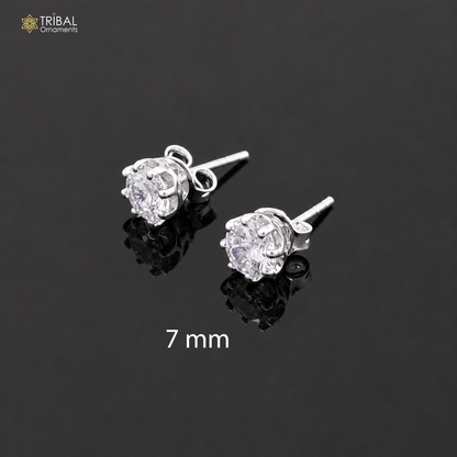925 sterling silver white diamond stud earring with round shape, unisex jewelry from TRIBAL ORNAMENTS, close-up view.