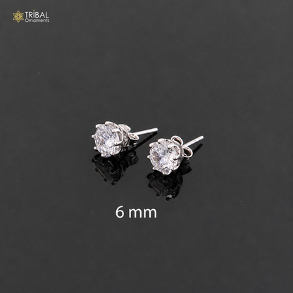 Sterling silver round white diamond stud earring by TRIBAL ORNAMENTS, unisex jewelry with sparkling gemstone detail