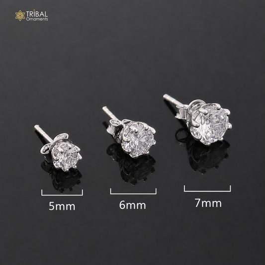 925 sterling silver white diamond stud earring with round shape, unisex jewelry from TRIBAL ORNAMENTS, featuring sparkling white diamonds.