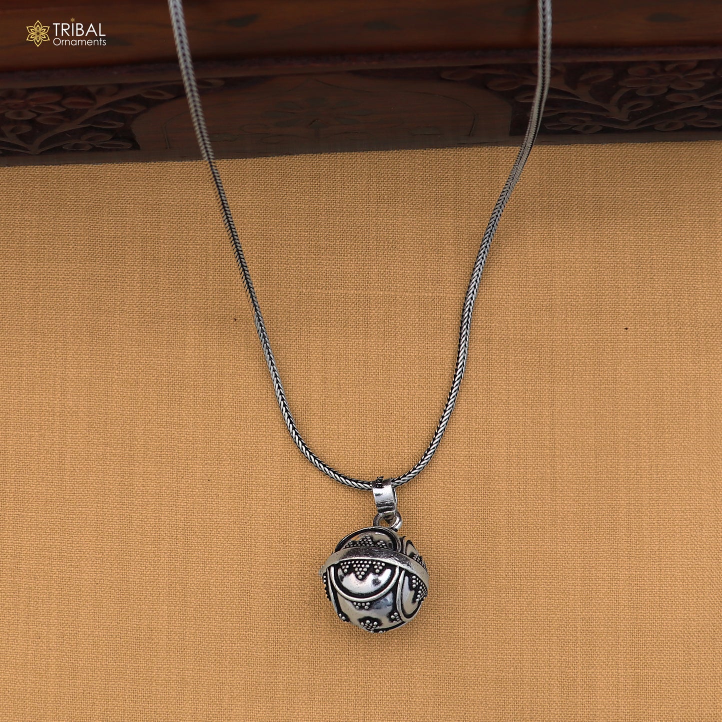 925 sterling silver ball design pet cat and dog jingling pendant with tribal jewelry detail, perfect for pet lovers.