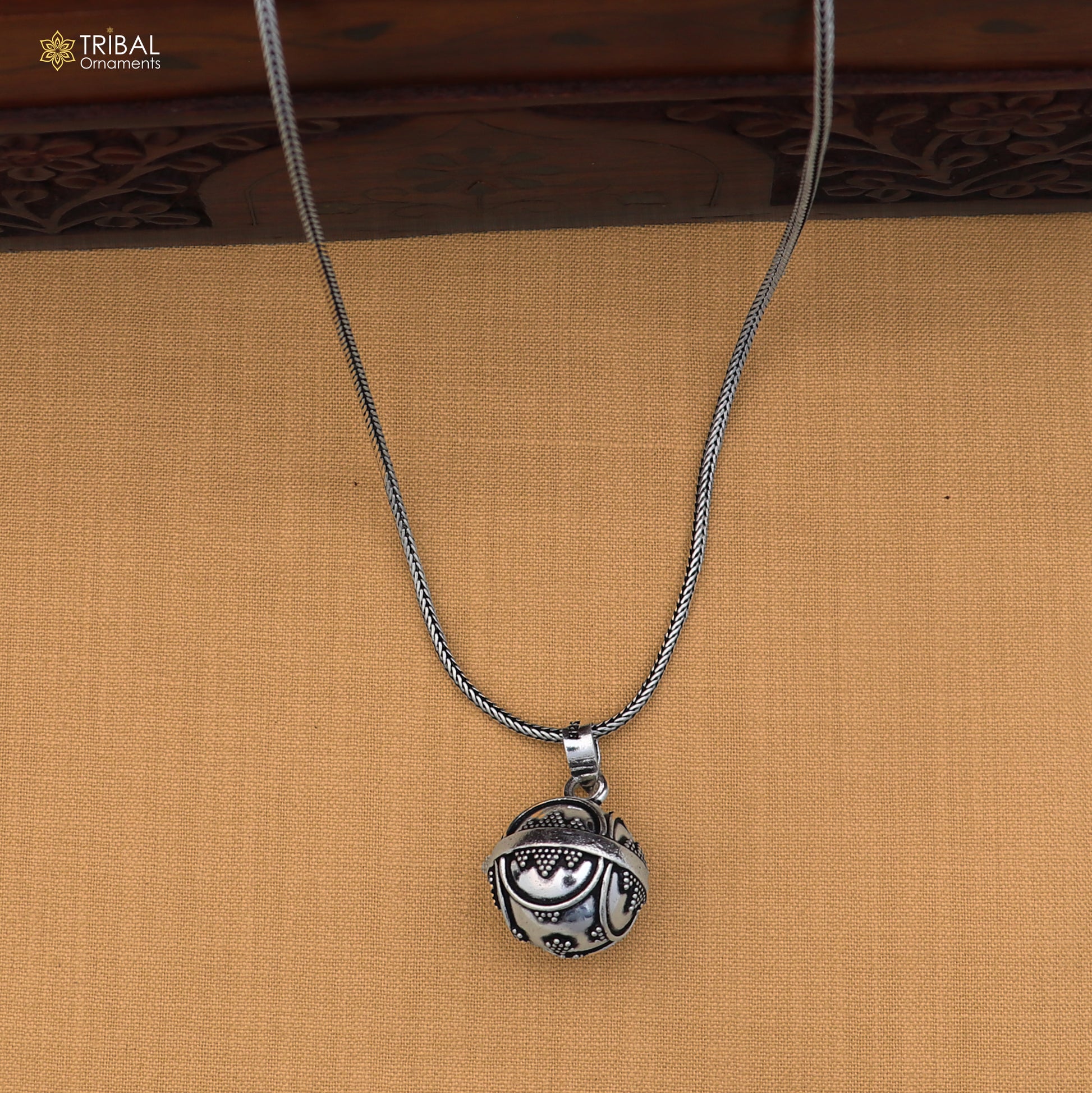 925 sterling silver ball design pet cat and dog jingling pendant with tribal jewelry detail, perfect for pet lovers.
