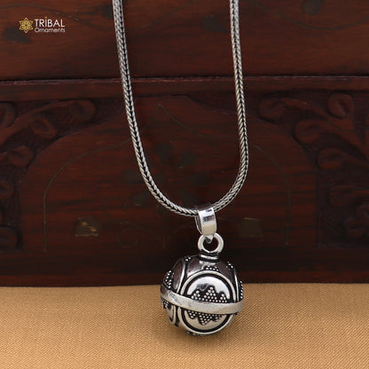 Sterling silver ball design pet cat/dog jingling pendant with tribal jewelry style, featuring intricate details and a shiny finish.