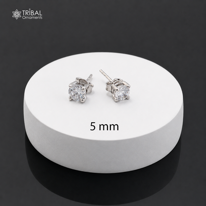 Sterling silver white diamond stud earring with round shape, unisex jewelry, featuring sparkling white diamonds and sleek design.