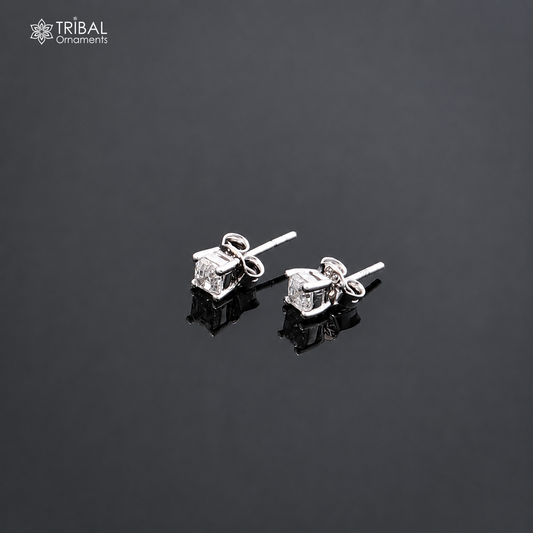 Sterling silver square-shaped white diamond stud earring by TRIBAL ORNAMENTS, unisex jewelry with a polished finish.