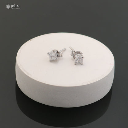 Sterling silver square white diamond stud earring by TRIBAL ORNAMENTS, unisex jewelry with sparkling gemstone setting.