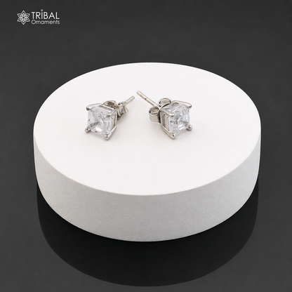 Sterling silver square-shaped white diamond stud earring by Tribal Ornaments, unisex jewelry with a sleek, elegant design.