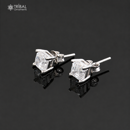 Square-shaped 925 sterling silver diamond stud earring with white gemstone, unisex jewelry by TRIBAL ORNAMENTS.