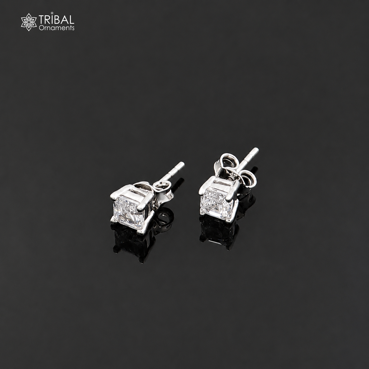 Sterling silver square white diamond stud earring by TRIBAL ORNAMENTS, unisex jewelry with sparkling white gemstone.