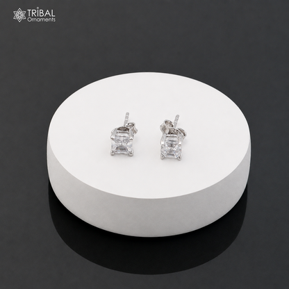 Sterling silver square-shaped diamond stud earring with white sparkle, unisex jewelry by TRIBAL ORNAMENTS.