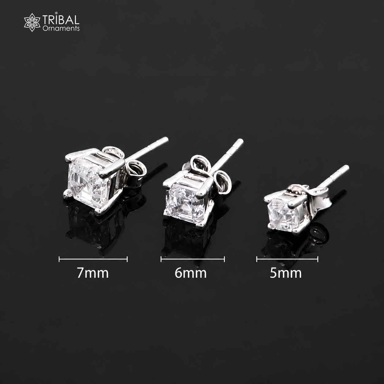 Sterling silver square white diamond stud earring by TRIBAL ORNAMENTS, unisex jewelry, with sparkling white diamond detail.