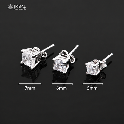 Sterling silver square white diamond stud earring by TRIBAL ORNAMENTS, unisex jewelry, with sparkling white diamond detail.