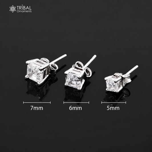 Sterling silver square white diamond stud earring by TRIBAL ORNAMENTS, unisex jewelry, with sparkling white diamond detail.