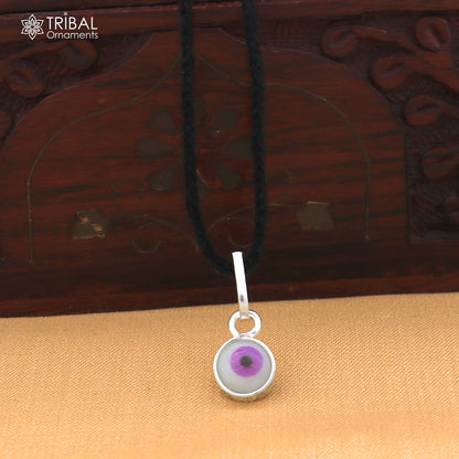 Sterling silver evil eye pendant for girls and kids, tribal ornament jewelry for protection, detailed design in the image.