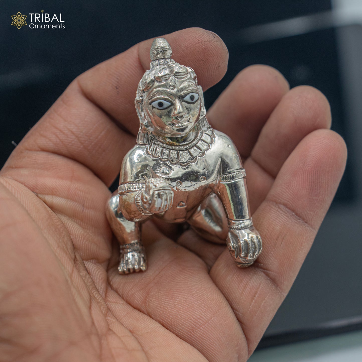 925 sterling Solid silver handmade idol divine Krishna, Ladu Gopal, crawling Krishna small statue sculpture home temple puja art art494