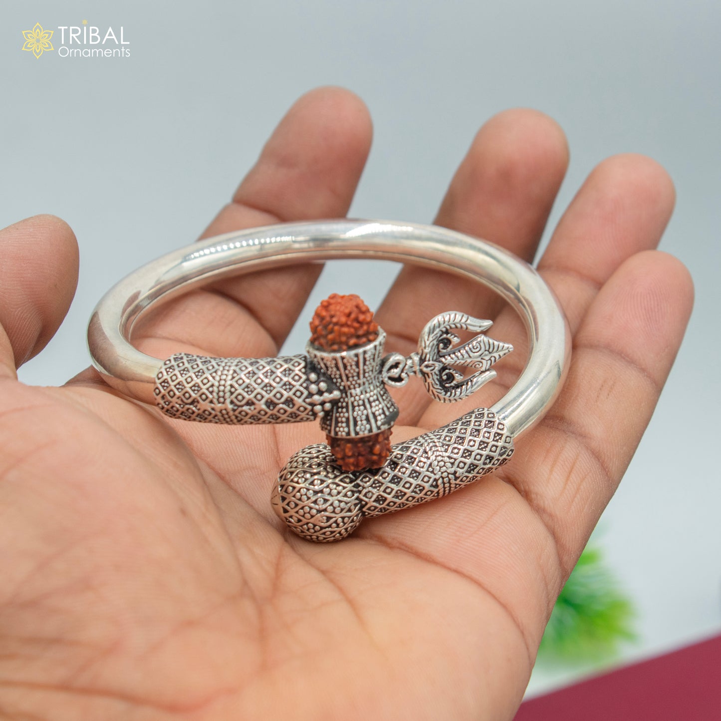 925 Sterling silver shiva trishul and rudraksha bangle bracelet kada tribal jewelry nsk904