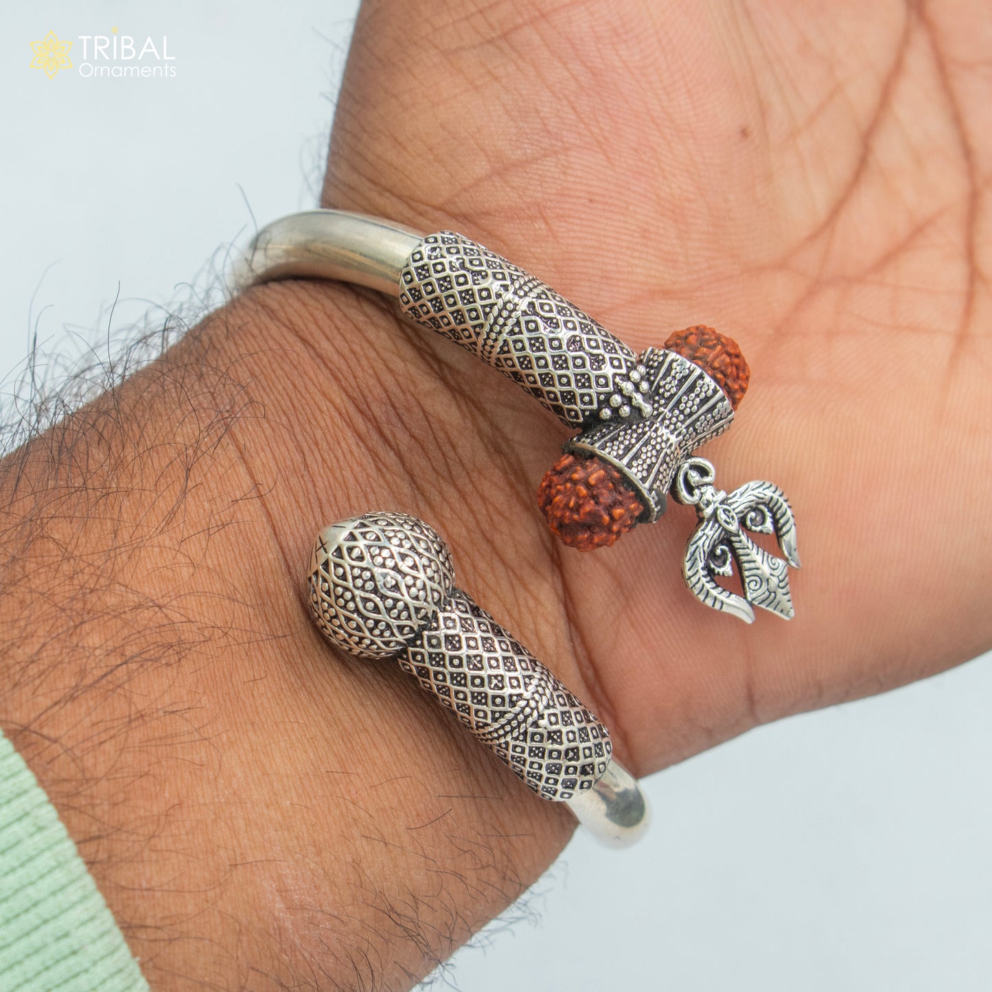 925 Sterling silver shiva trishul and rudraksha bangle bracelet kada tribal jewelry nsk904