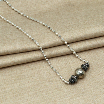 Sterling silver handmade 4mm bead necklace with unique ball pendant, traditional cultural jewelry by TRIBAL ORNAMENTS.