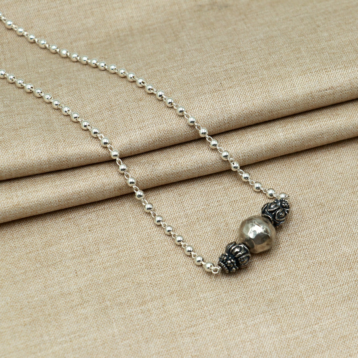 925 sterling silver handmade long necklace with 4mm beads and a unique ball pendant, traditional cultural jewelry by TRIBAL ORNAMENTS