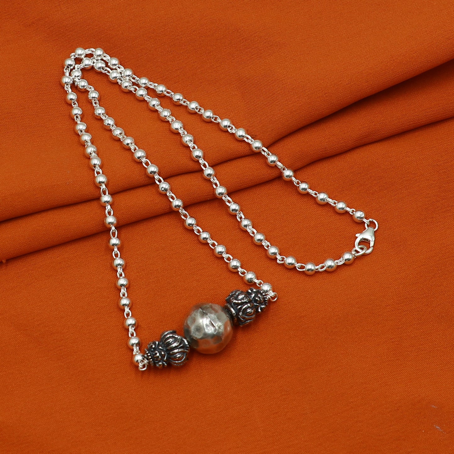 925 sterling silver handmade beaded necklace with 4mm ball pendant, traditional tribal design jewelry by TRIBAL ORNAMENTS
