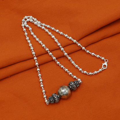 Sterling silver handmade 4mm bead necklace with a unique ball pendant, traditional tribal design jewelry by TRIBAL ORNAMENTS