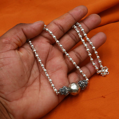 Sterling silver handmade 4mm bead necklace with a unique ball pendant, traditional tribal jewelry by TRIBAL ORNAMENTS.