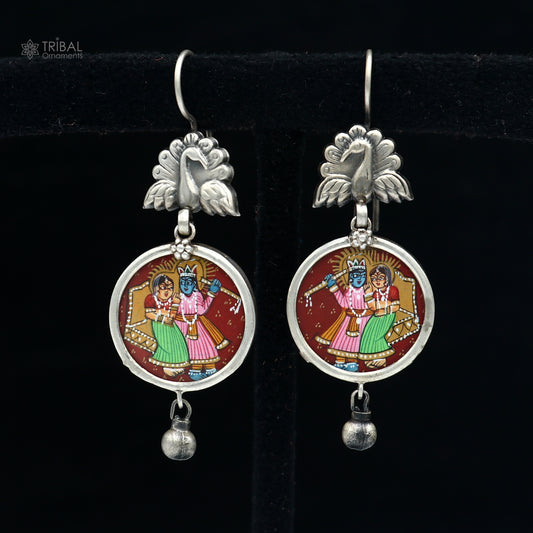 925 sterling silver Radha krishna miniature art Painting  hoops earring s1360