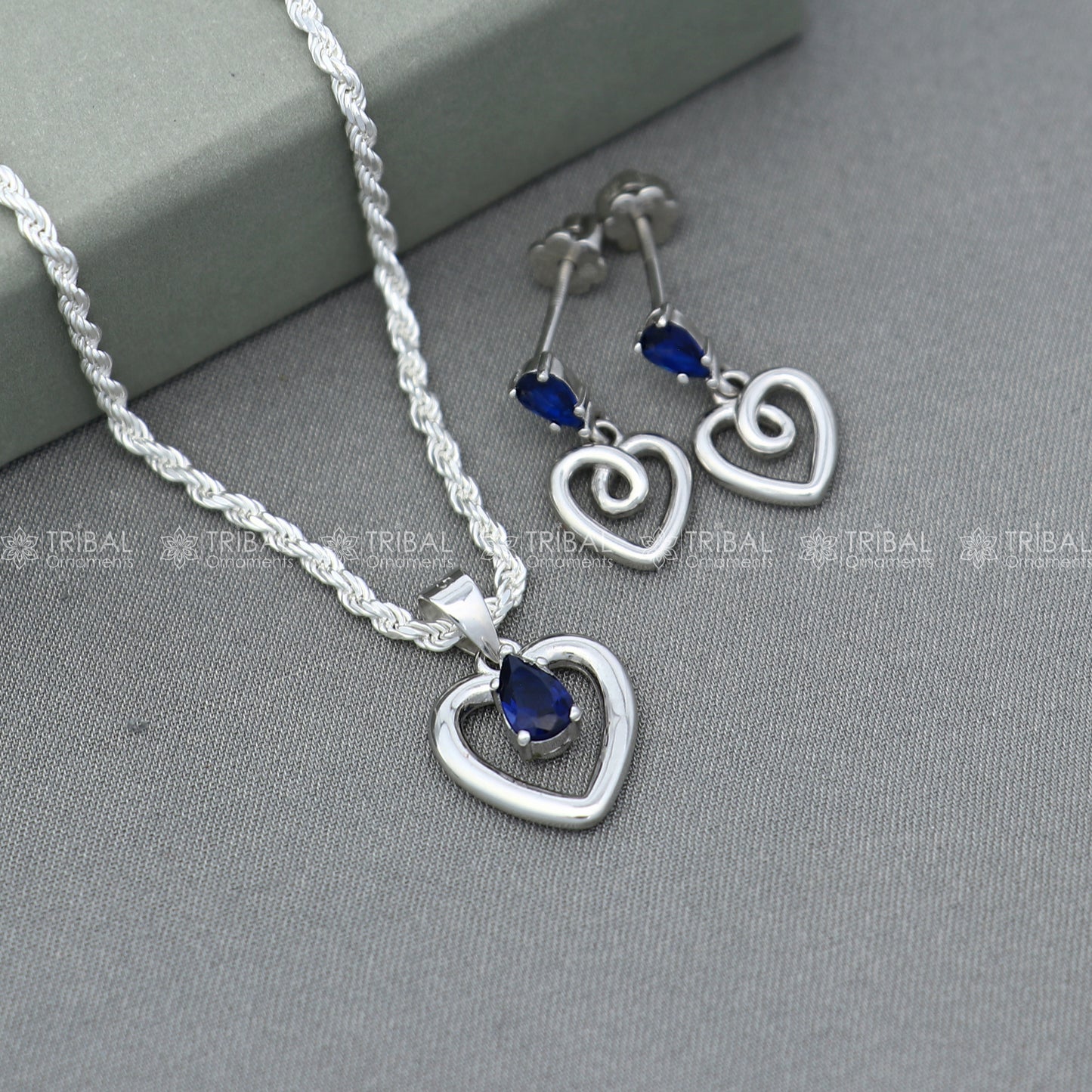 925 Sterling silver blue diamond (sapphire) with heart shape pendant set nsp968