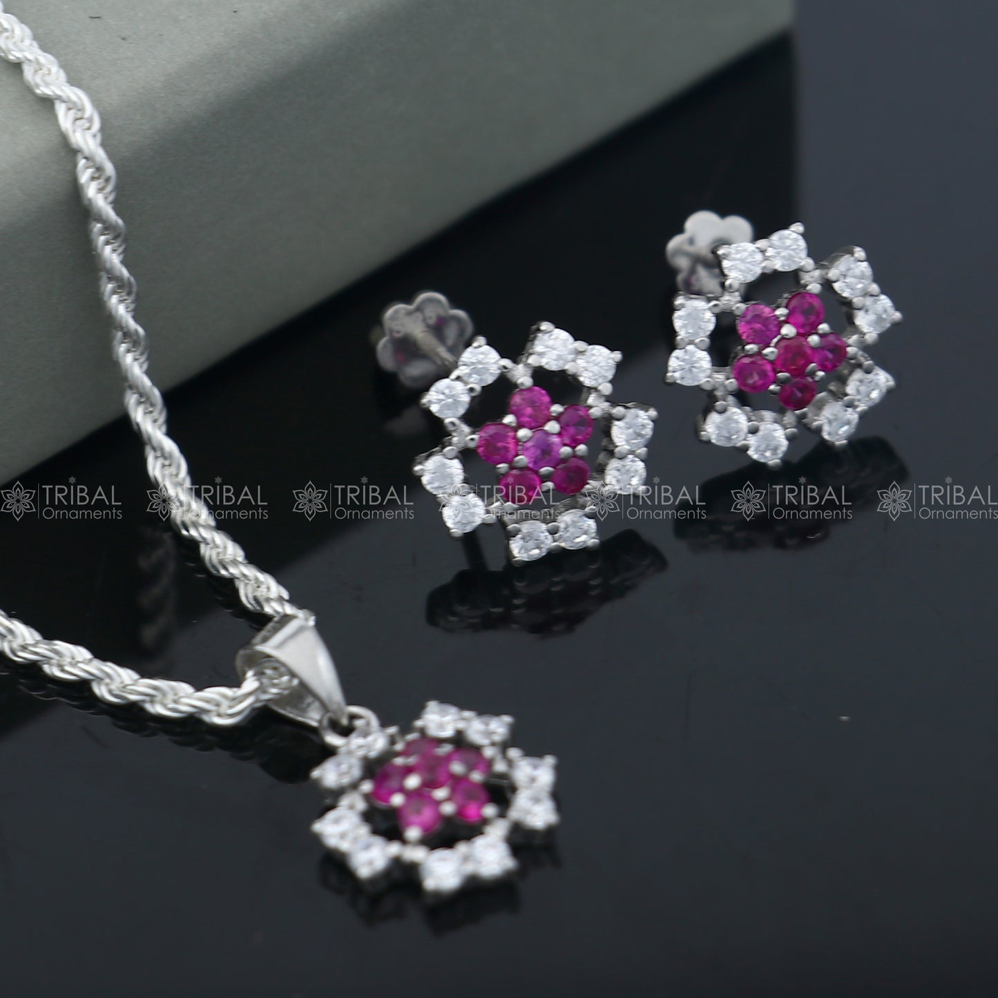 925 Sterling silver flower with pink diamond (rubby )  pendant set nsp969