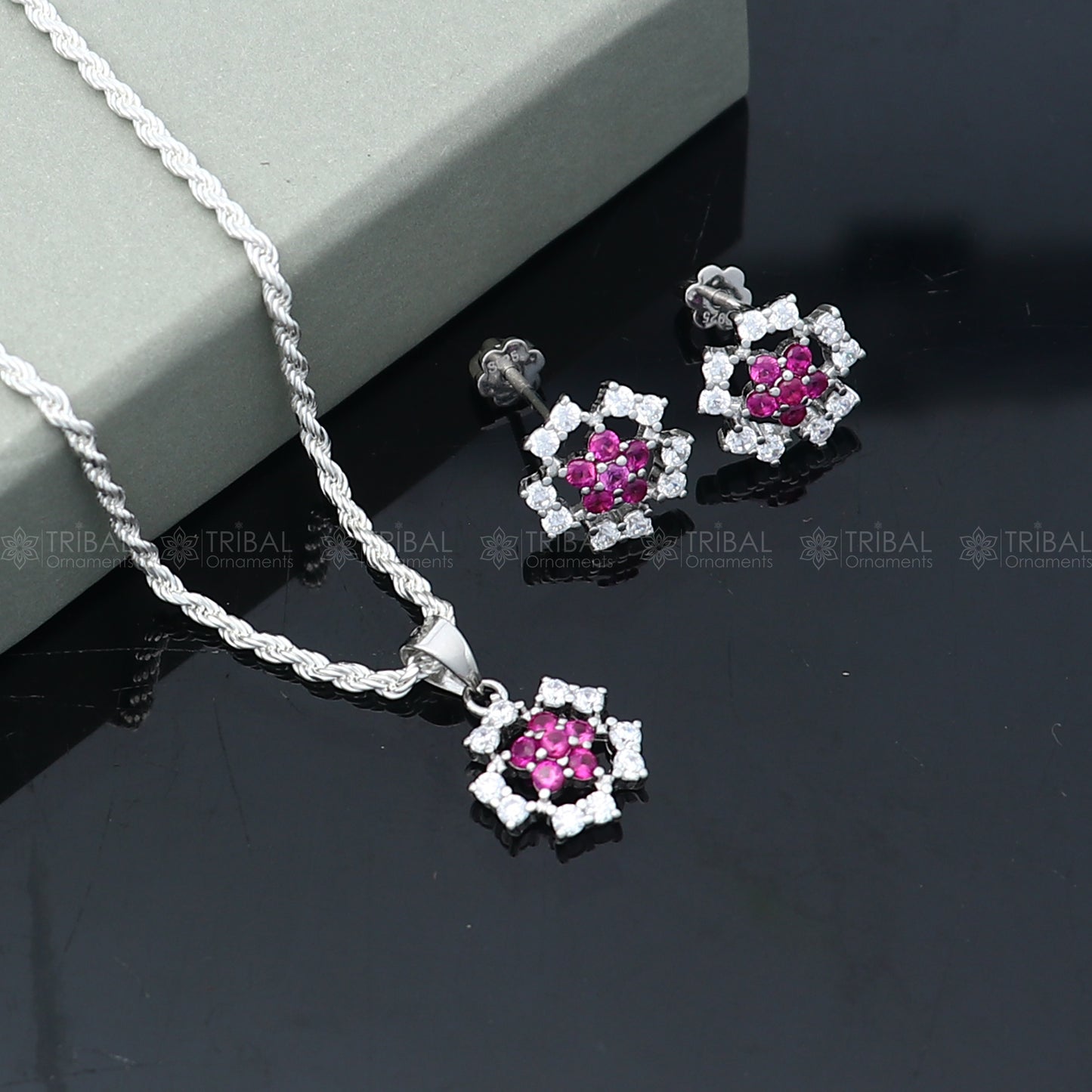 925 Sterling silver flower with pink diamond (rubby )  pendant set nsp969