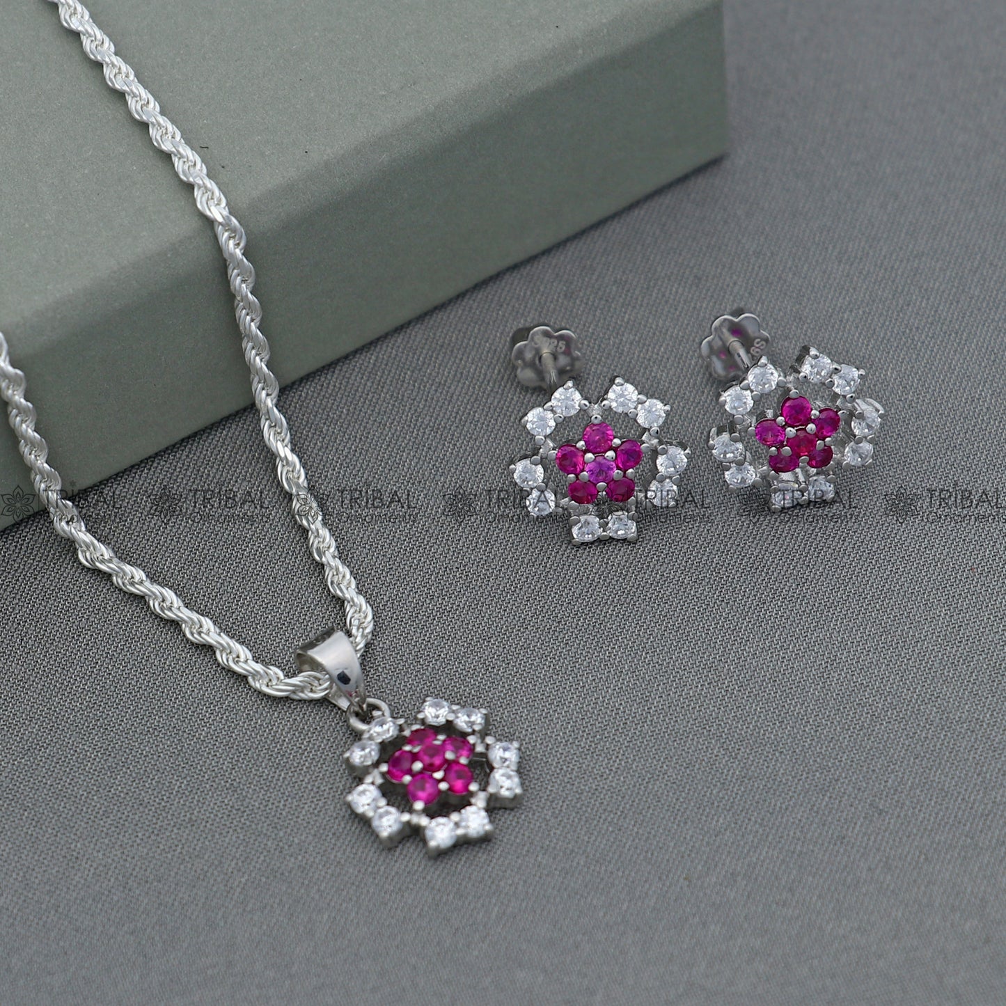 925 Sterling silver flower with pink diamond (rubby )  pendant set nsp969