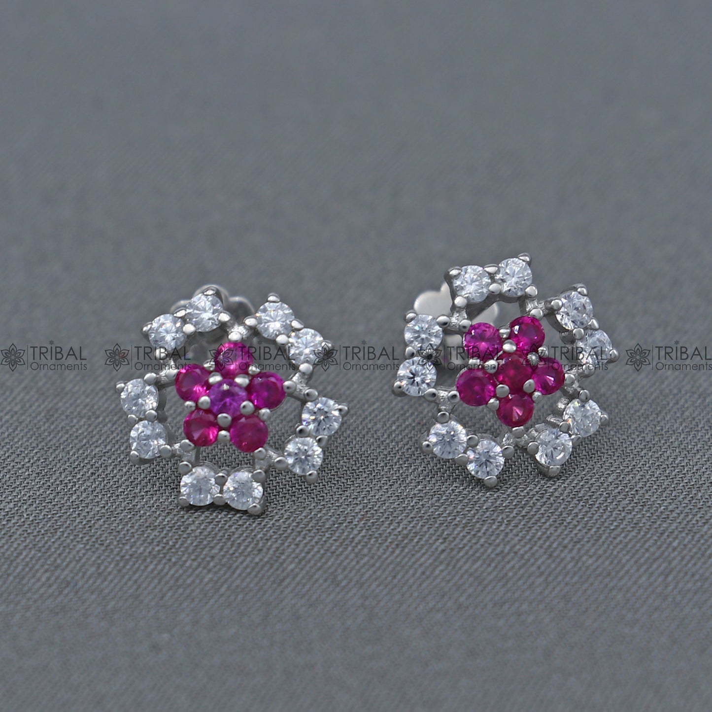 925 Sterling silver flower with pink diamond (rubby )  pendant set nsp969