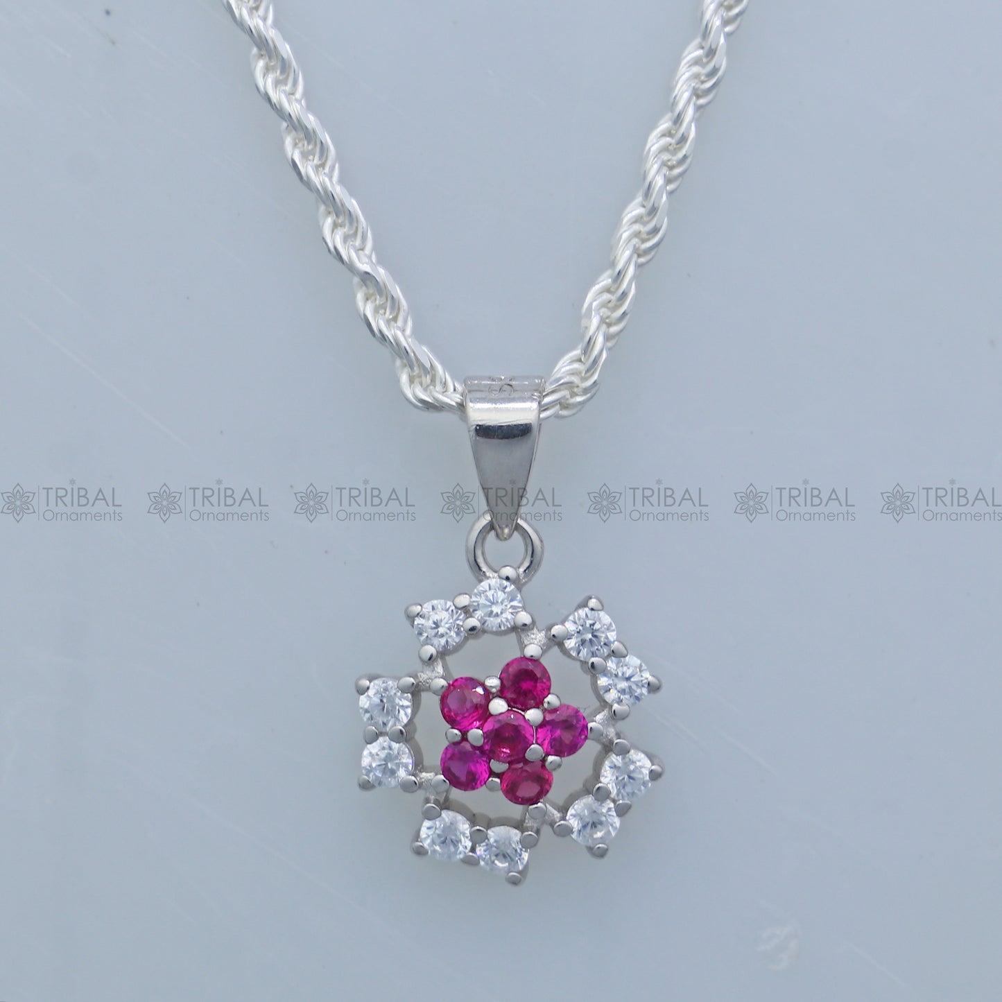 925 Sterling silver flower with pink diamond (rubby )  pendant set nsp969