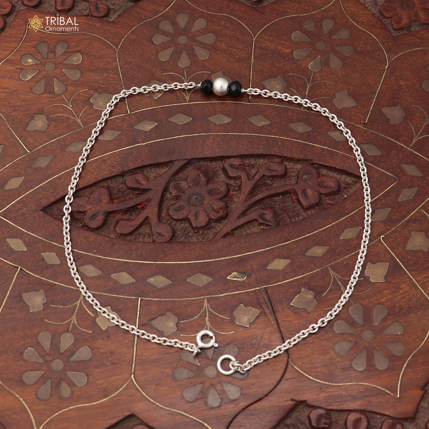 10.5" 925 sterling silver black stone beads anklets foot bracelet belly dance jewelry ank786