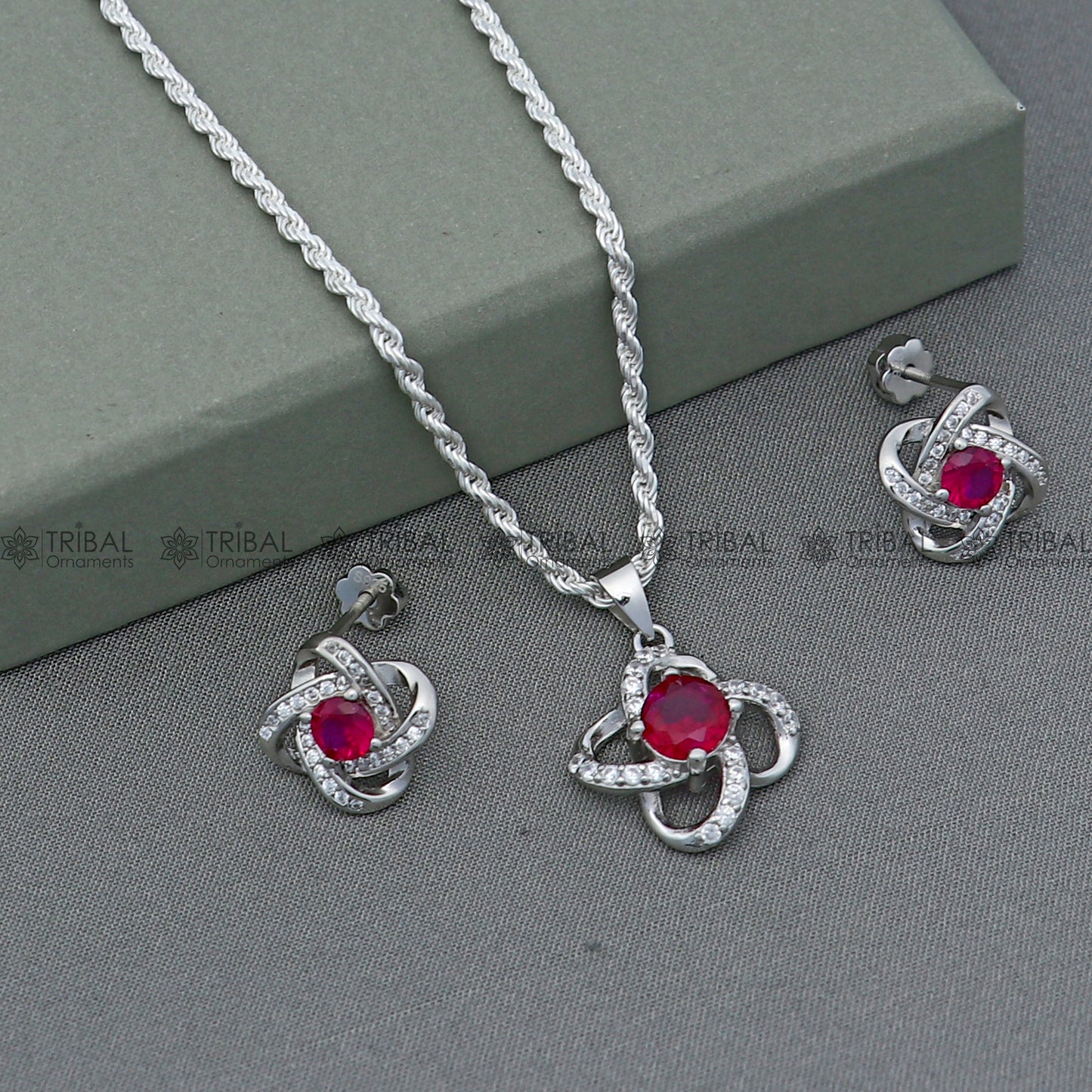 925 Sterling silver flower with Red diamond (rubby )  pendant set nsp963