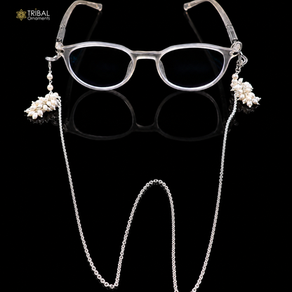 925 Sterling silver pearl beads with cuban link chain Women Stylish Sunglass Eyeglass Cord mask chain ch655