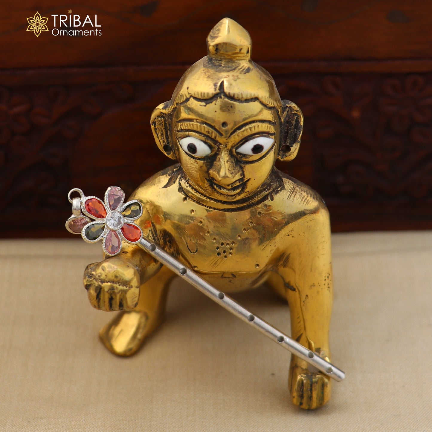 925 sterling silver stone design bansuri laddu Gopala flute, Krishna flute su1401