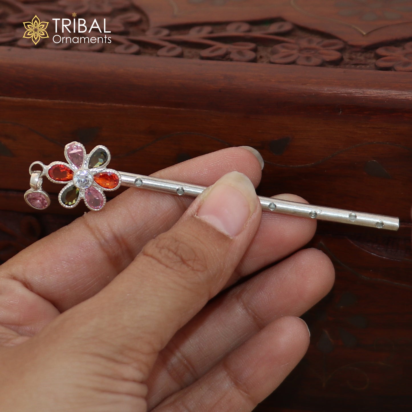 925 sterling silver stone design bansuri laddu Gopala flute, Krishna flute su1401