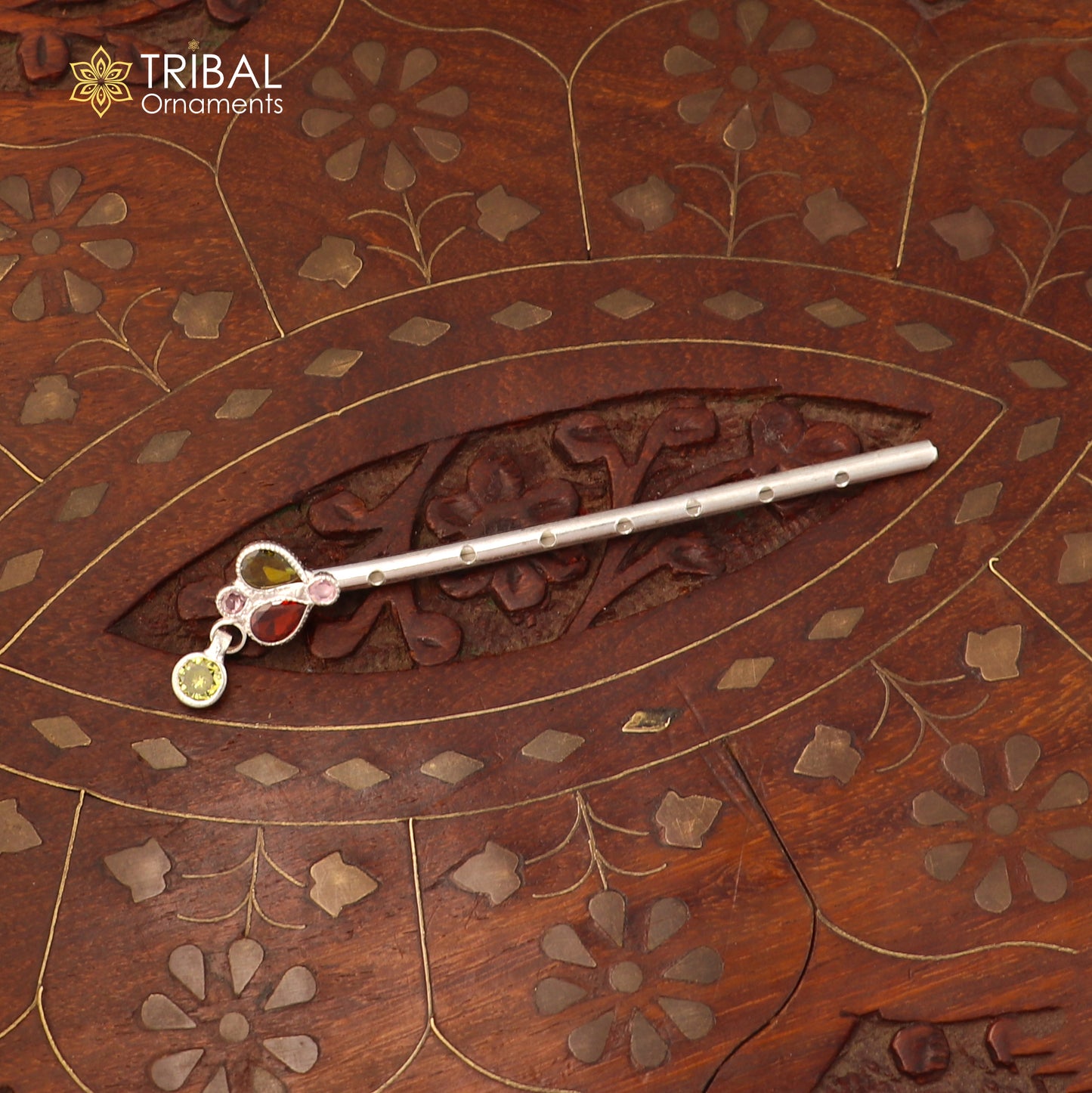 925 sterling silver stone design bansuri laddu Gopala flute, Krishna flute su1403