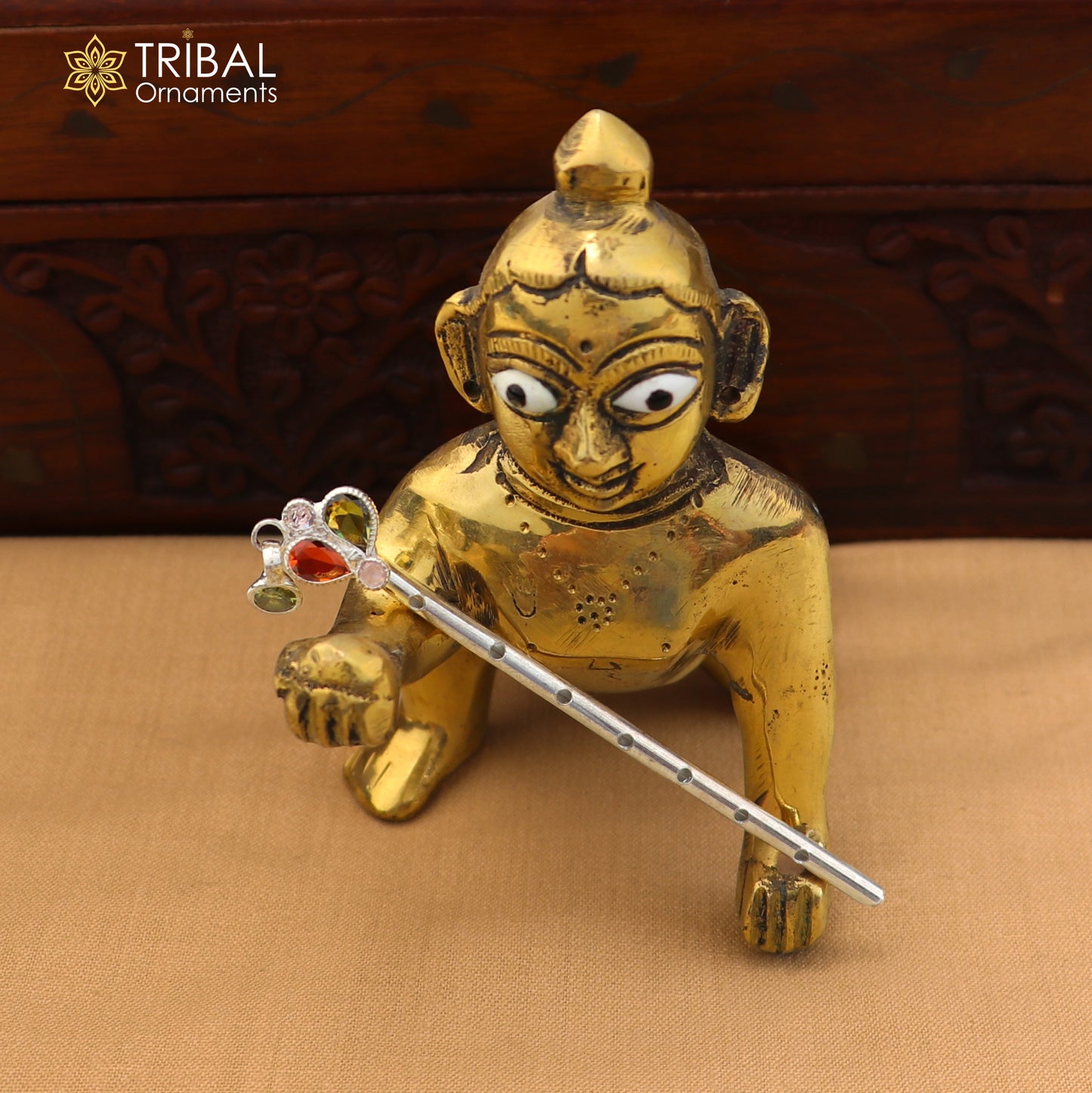 925 sterling silver stone design bansuri laddu Gopala flute, Krishna flute su1403