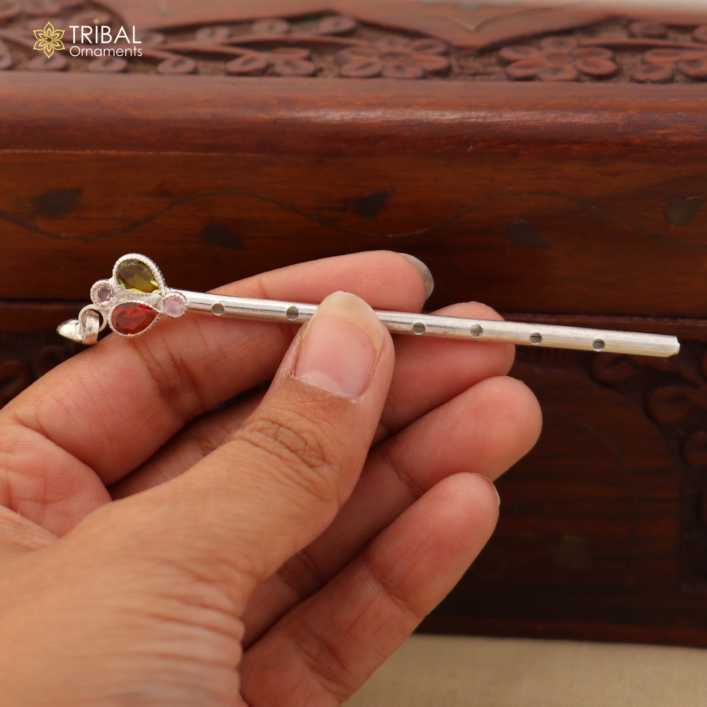 925 sterling silver stone design bansuri laddu Gopala flute, Krishna flute su1403