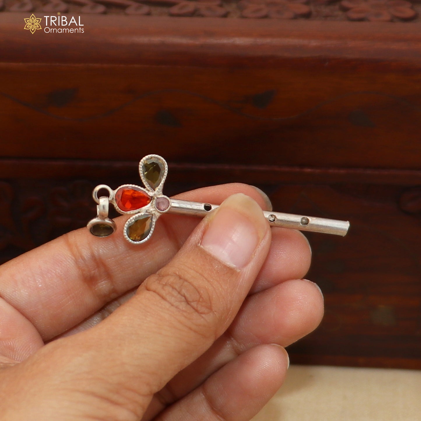 925 sterling silver stone design bansuri laddu Gopala flute, Krishna flute su1405