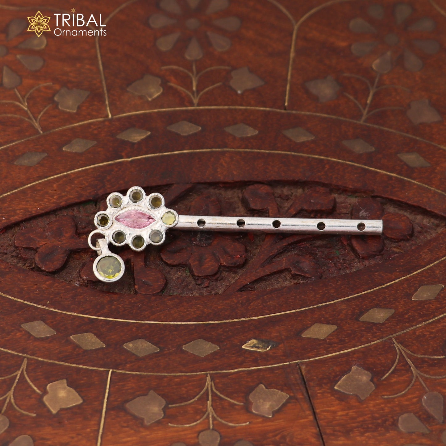 925 sterling silver stone design bansuri laddu Gopala flute, Krishna flute su1406