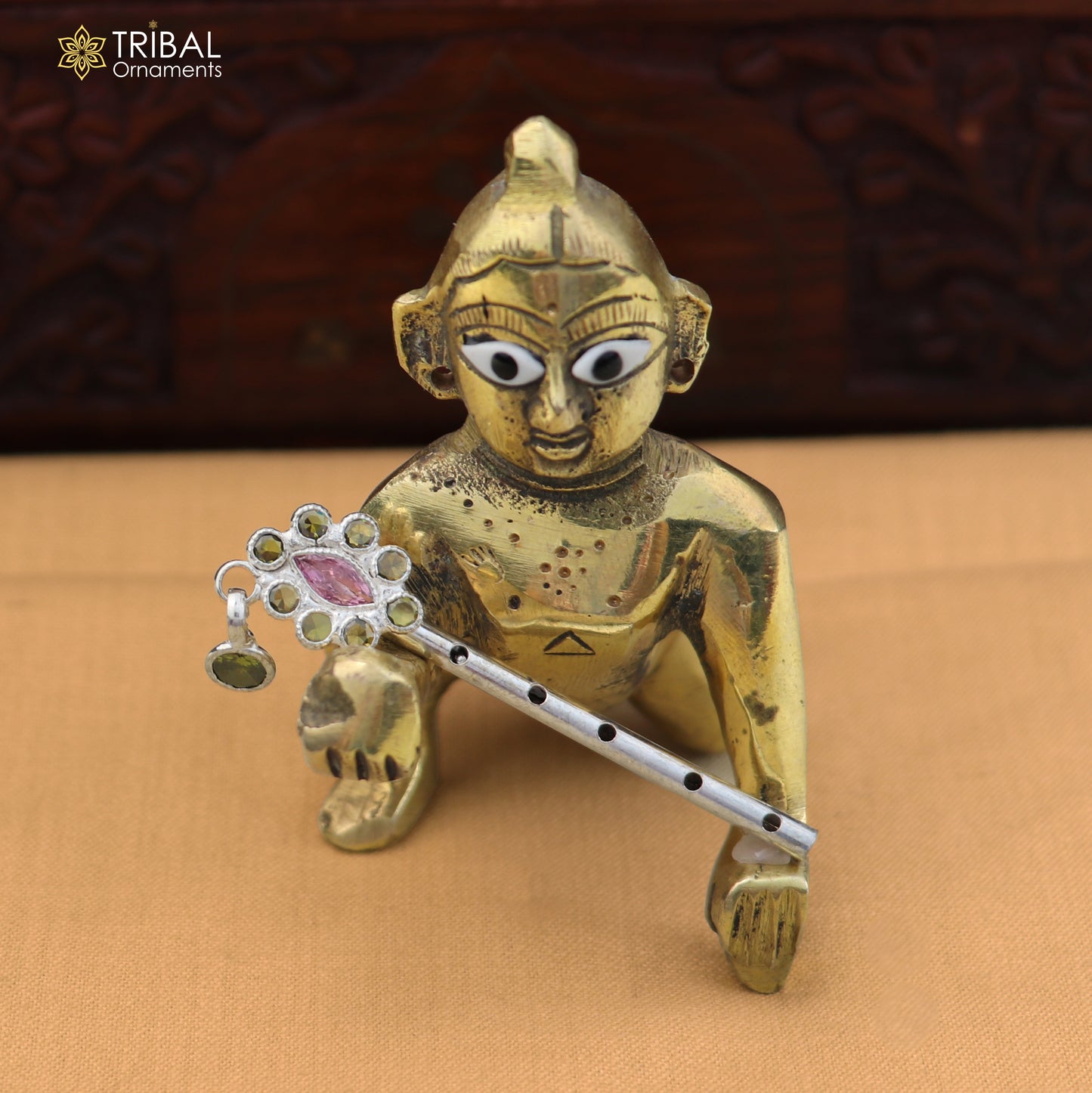 925 sterling silver stone design bansuri laddu Gopala flute, Krishna flute su1406