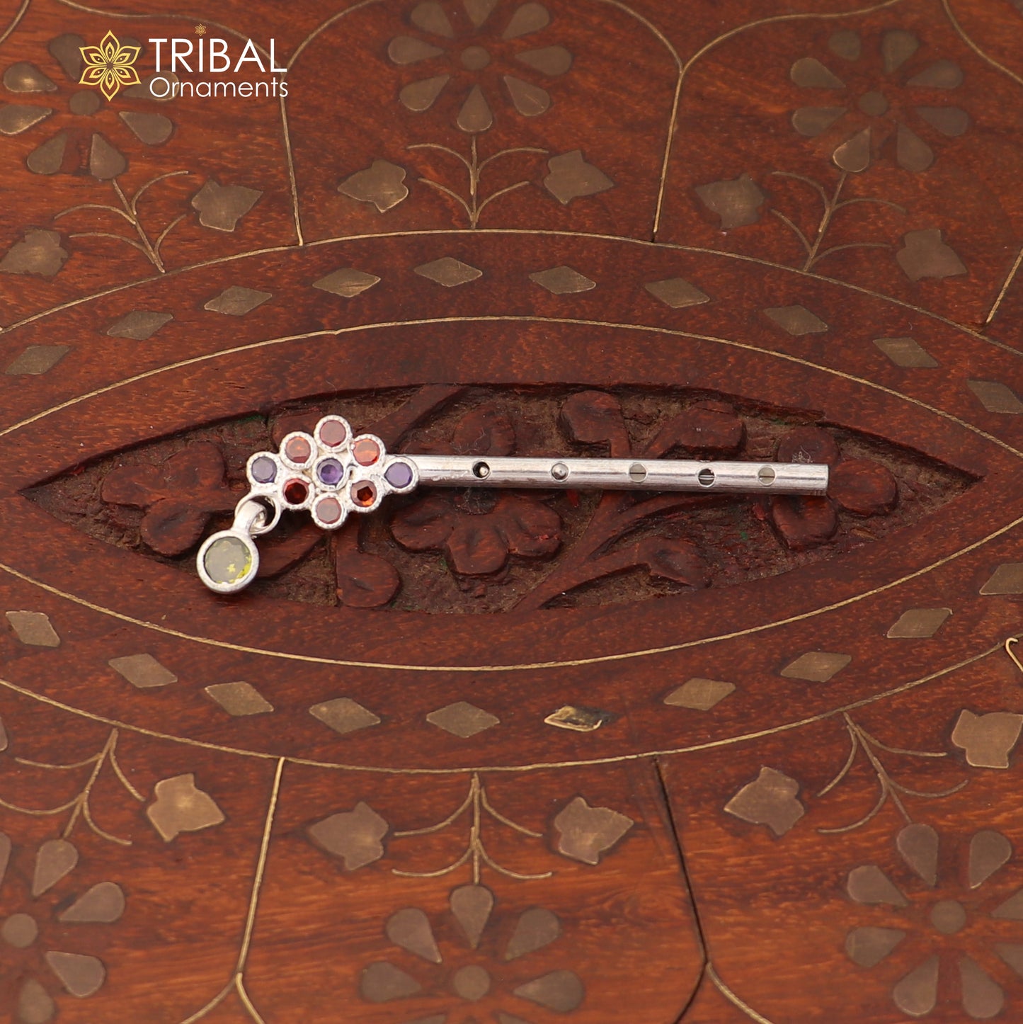 925 sterling silver stone design bansuri laddu Gopala flute, Krishna flute su1408