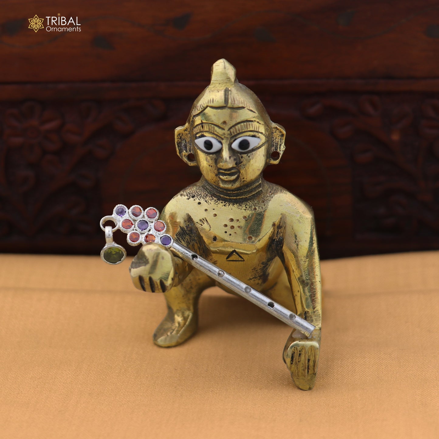 925 sterling silver stone design bansuri laddu Gopala flute, Krishna flute su1408