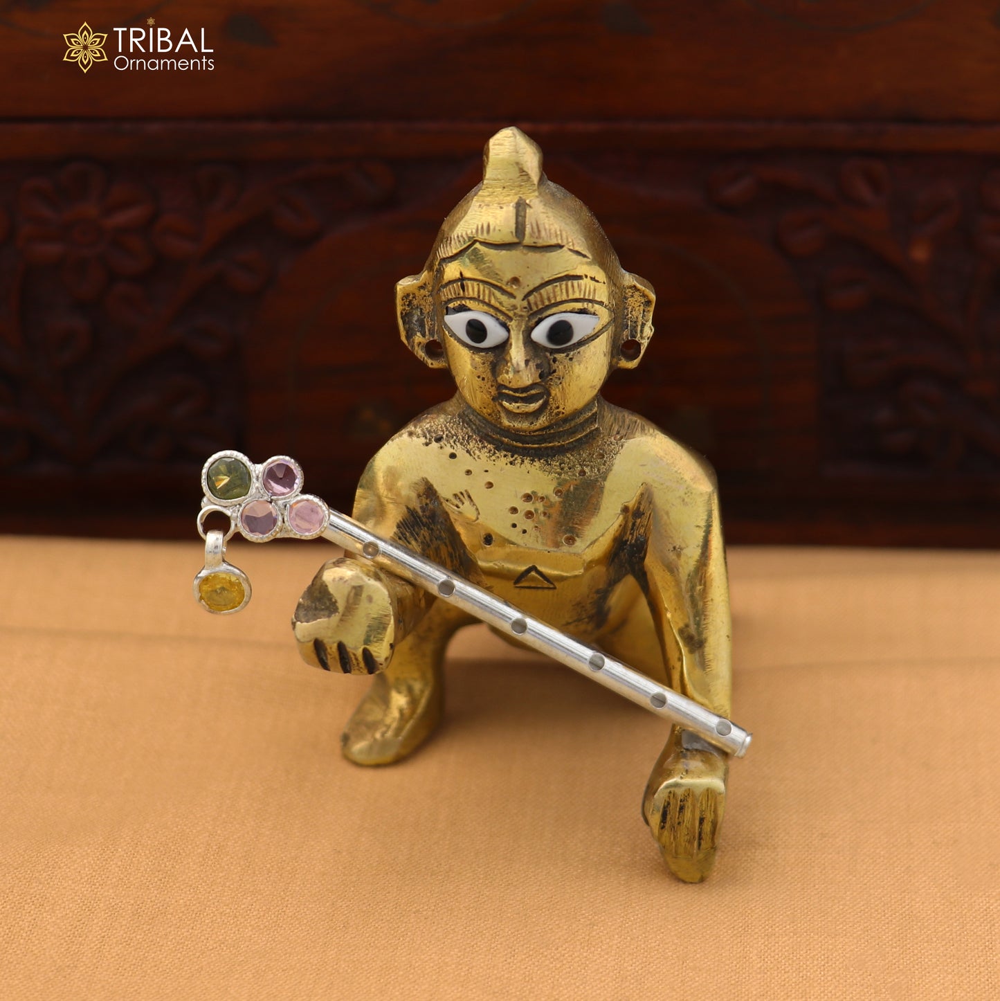 925 sterling silver stone design bansuri laddu Gopala flute, Krishna flute su1409