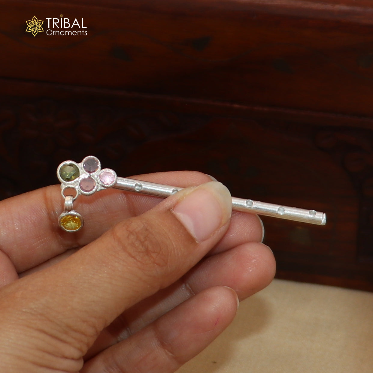 925 sterling silver stone design bansuri laddu Gopala flute, Krishna flute su1409