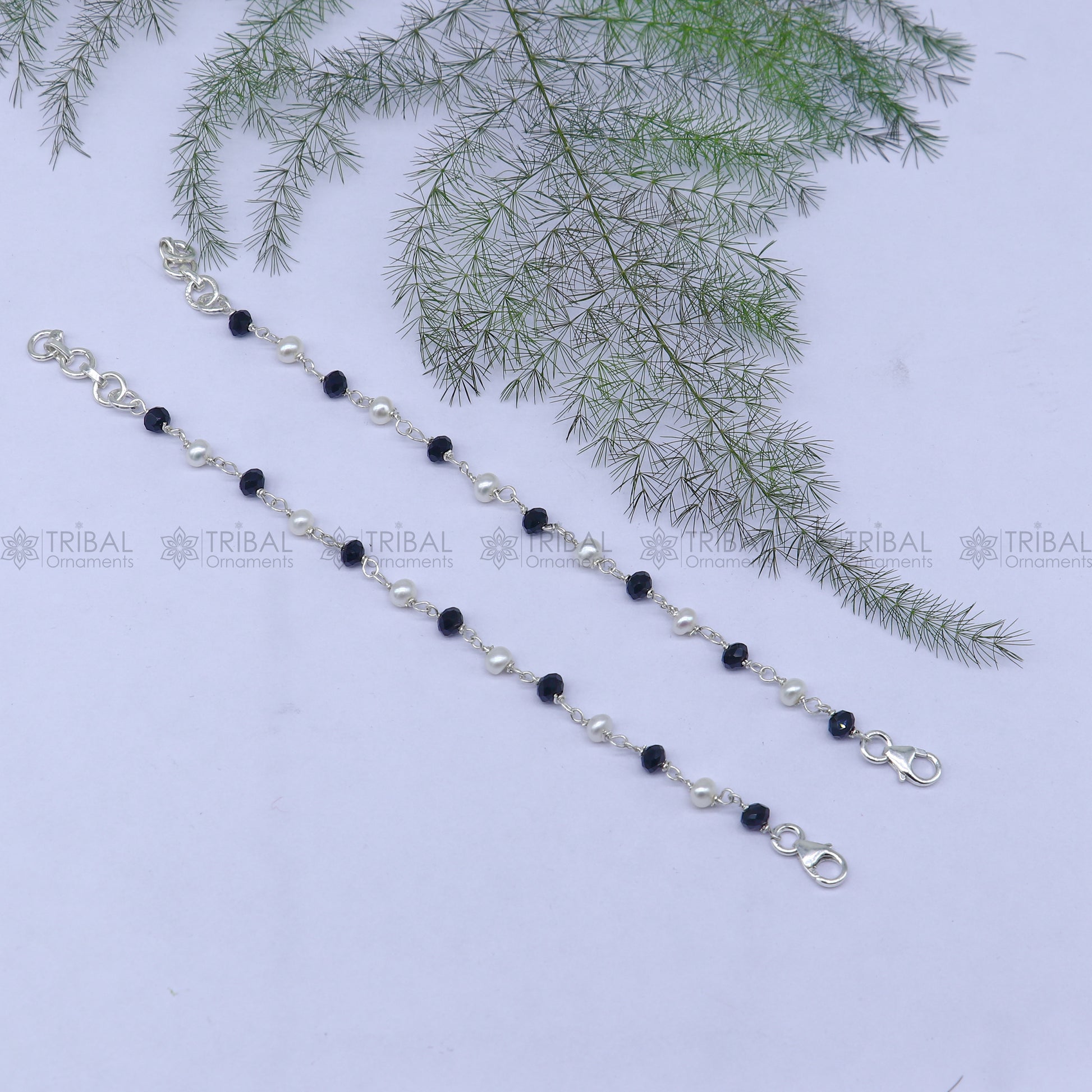 925 sterling silver and black beaded chain bracelet Combo use bracelet or anklets, baby or girls bracelet mbr011 - TRIBAL ORNAMENTS
