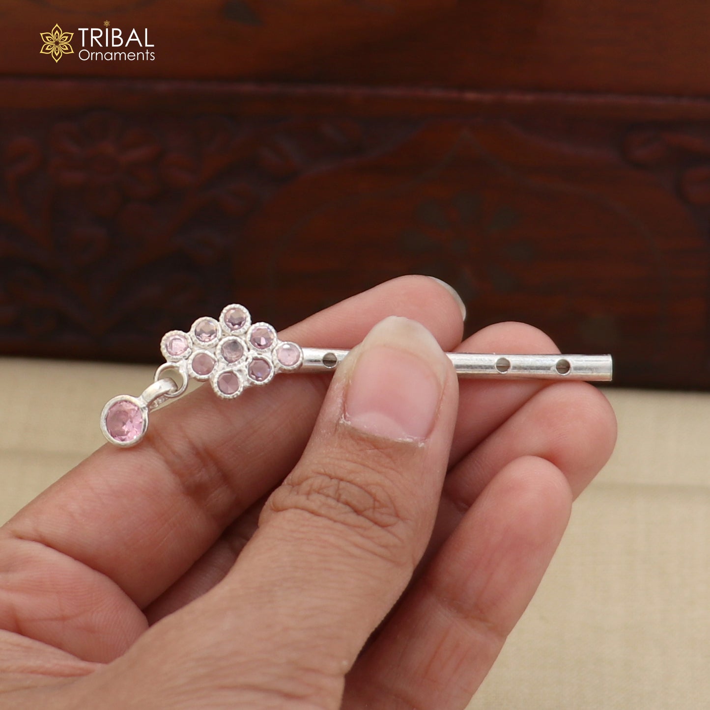 925 sterling silver stone design bansuri laddu Gopala flute, Krishna flute su1414