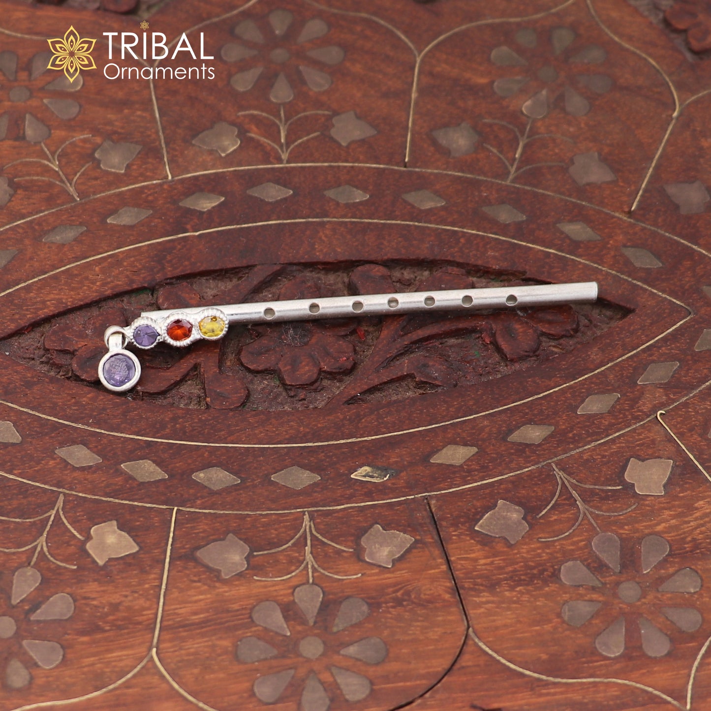 925 sterling silver stone design bansuri laddu Gopala flute, Krishna flute su1416
